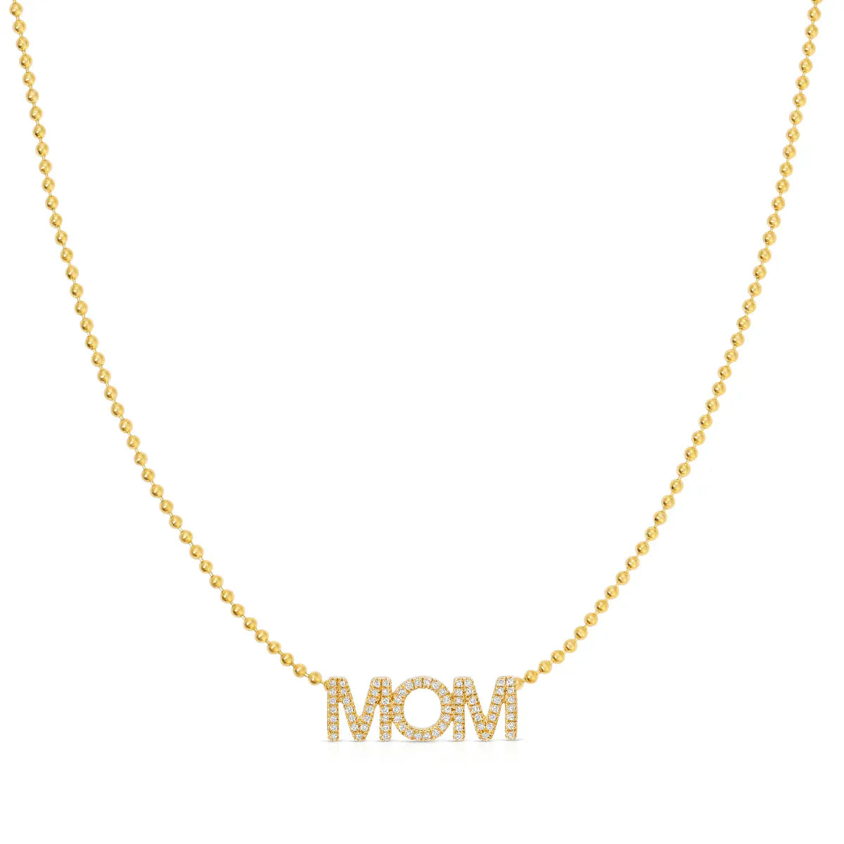 A Pavé MOM Necklace in yellow gold on a bead chain on a white background. 