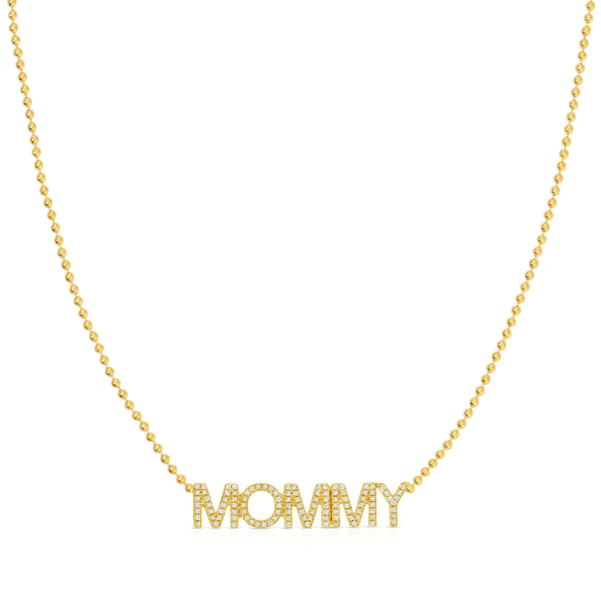 A Pavé MOMMY Necklace in yellow gold on a bead chain on a white background. 