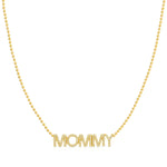 A Pavé MOMMY Necklace in yellow gold on a bead chain on a white background. 