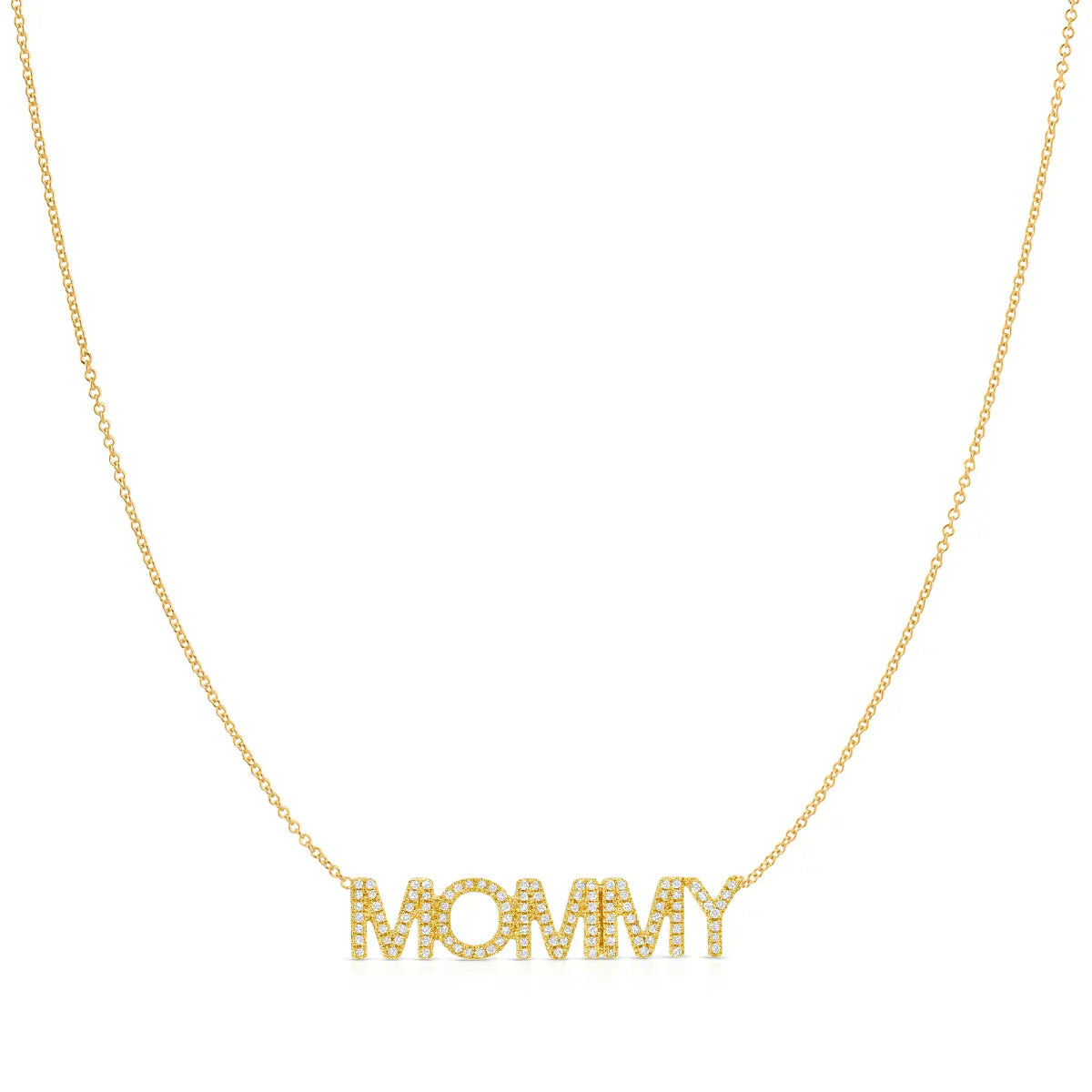 A Pavé MOMMY Necklace in yellow gold on a cable chain on a white background. 