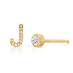 A Pavé Monogram Earring Set in the letter J in yellow gold on a white background.