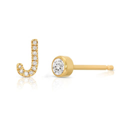 A Pavé Monogram Earring Set in the letter J in yellow gold on a white background.