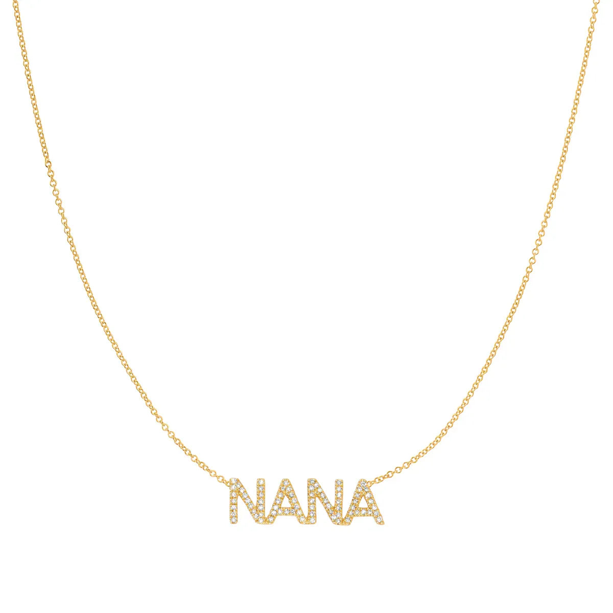 A Pavé 'NANA' Necklace in yellow gold on a cable chain on a white background.
