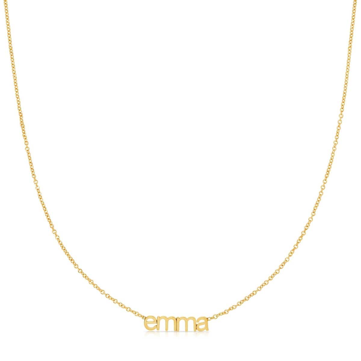 A yellow gold Petite Nameplace Necklace with the name 'emma' on a white background. 