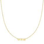 A yellow gold Petite Nameplace Necklace with the name 'emma' on a white background. 