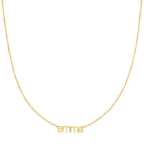 A yellow gold Petite Nameplace Necklace with the name 'emma' on a white background.