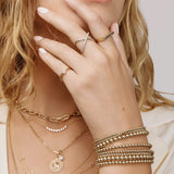 Close-up of a hand wearing multiple gold rings and bracelets with a neutral background