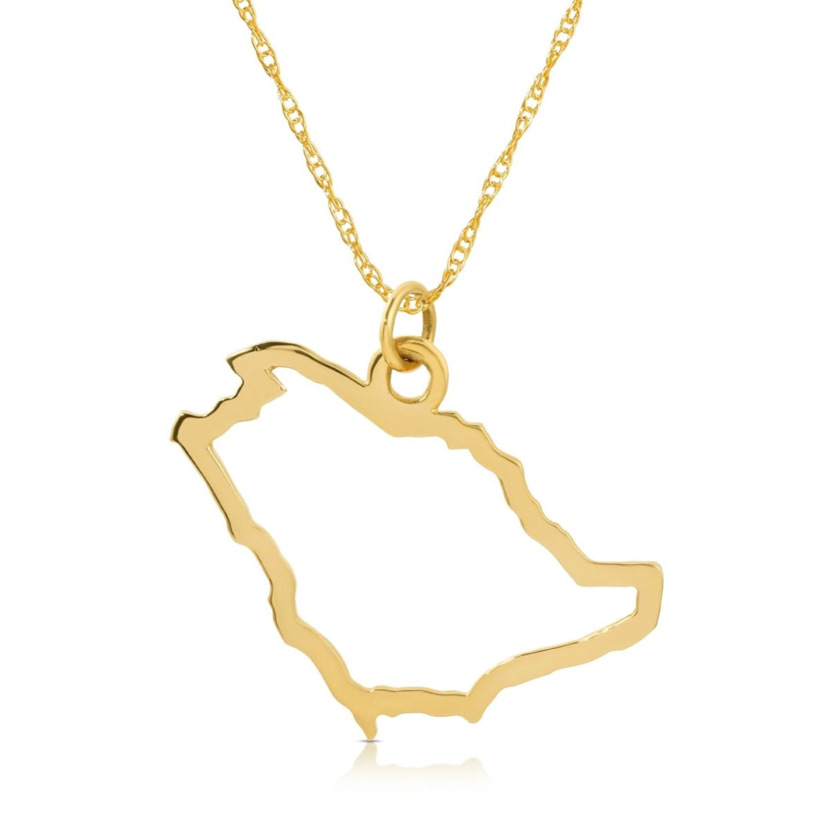 A Saudi Arabia pendant necklace in yellow gold on a white background.