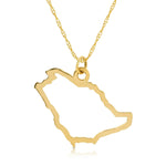 A Saudi Arabia pendant necklace in yellow gold on a white background.