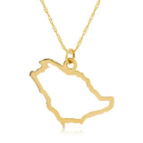 A Saudi Arabia pendant necklace in yellow gold on a white background.