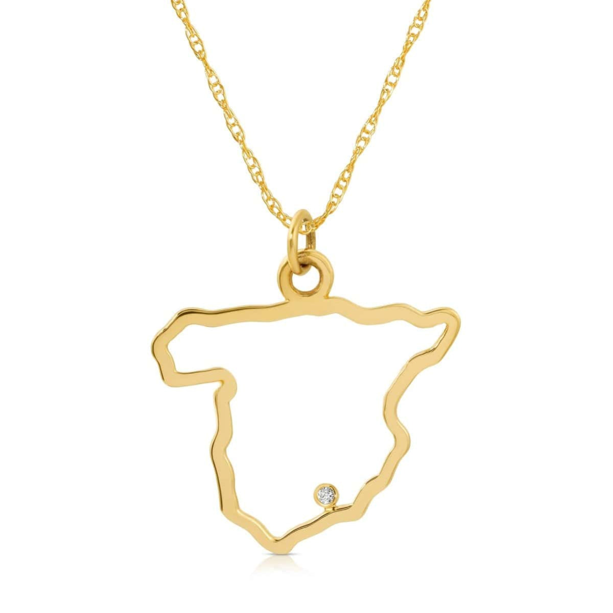 A Spain pendant necklace in yellow gold with a diamond on a white background.