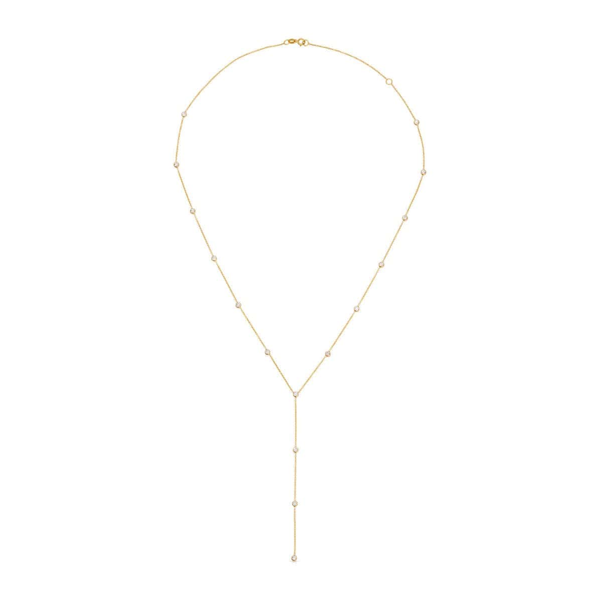 A Starstruck Diamond Lariat necklace in yellow gold on a white background. 
