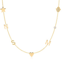 Gold necklace with various charms including a star, heart, and hand on a white background