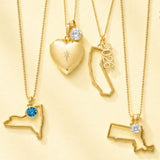 Gold necklaces with heart, state, and number 2026 pendants on a yellow background