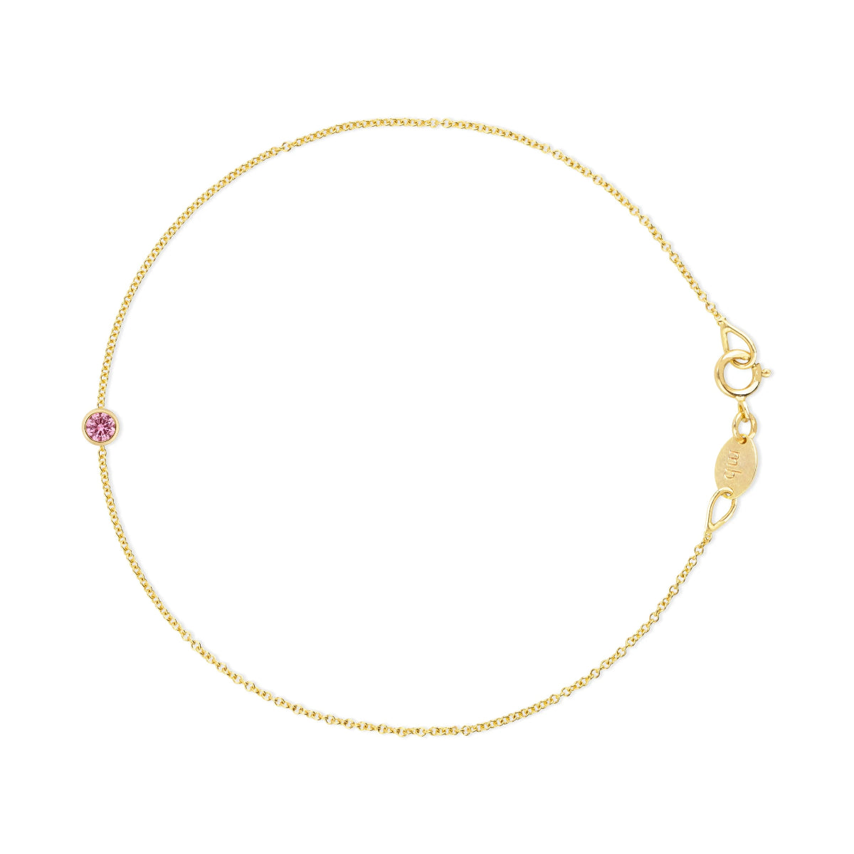 Gold bracelet with a pink gemstone on a white background