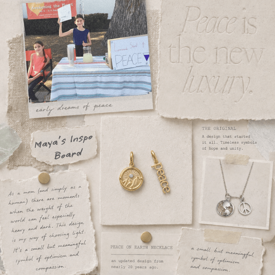 Inspiration board with jewelry, quotes, and photos on a textured surface
