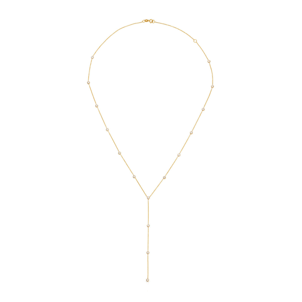 A gold Y-shaped lariat necklace with multiple small diamonds along the chain, displayed against a white background.