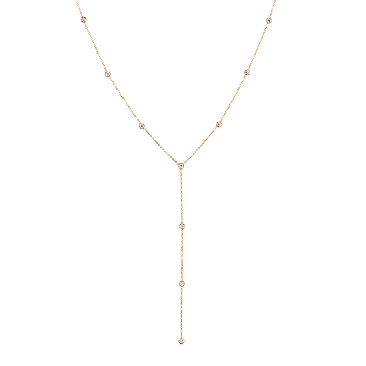 A gold Y-shaped lariat necklace with multiple small diamonds along the chain, displayed against a white background.