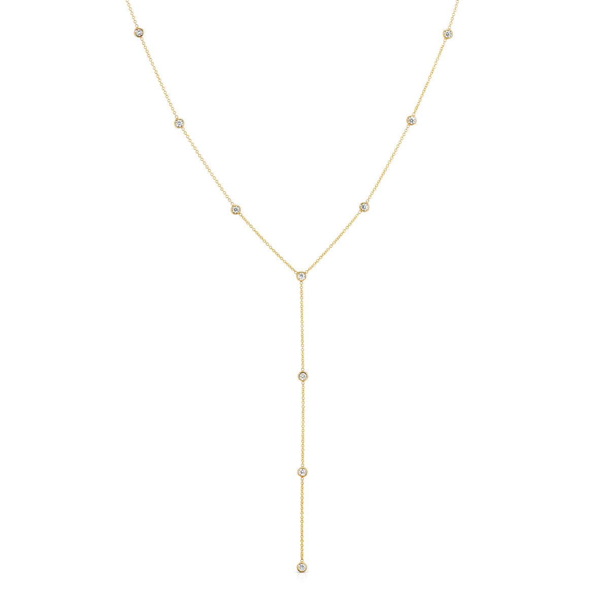 A gold Y-shaped lariat necklace with multiple small diamonds along the chain, displayed against a white background.