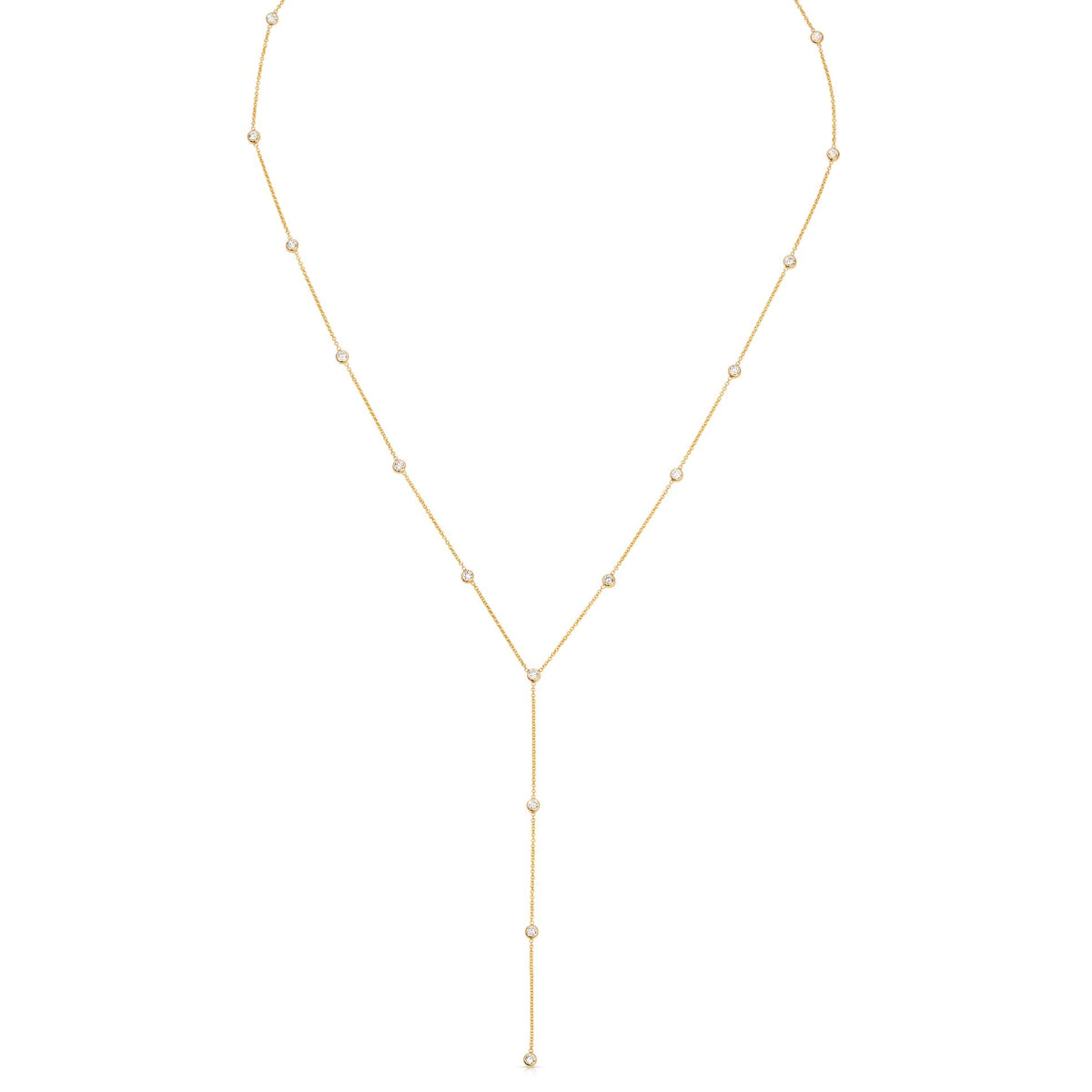 A gold Y-shaped lariat necklace with multiple small diamonds along the chain, displayed against a white background.
