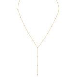 A gold Y-shaped lariat necklace with multiple small diamonds along the chain, displayed against a white background.