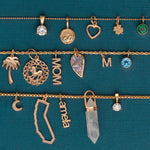 A collection of gold-tone jewelry charms, including a crescent moon, a palm tree, a lion emblem, the word 'MOM', a heart, a clover, a green gemstone, a blue gemstone, a crescent moon, a leaf, an 'M', a crystal point, and a nameplate reading 'amelia', displayed on thin chains against a textured teal background.