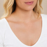 A close-up of a woman's neck wearing a yellow gold necklace with a letter V charm.
