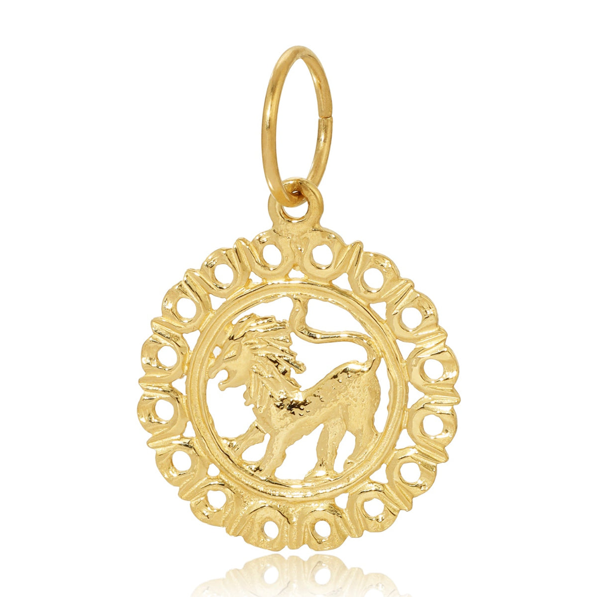 Gold zodiac pendant with a lion design on a white background