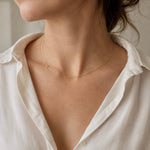 A close-up of a model's neck and upper chest wearing a delicate gold chain necklace with a small letter 'A' pendant, paired with a white button-down shirt.