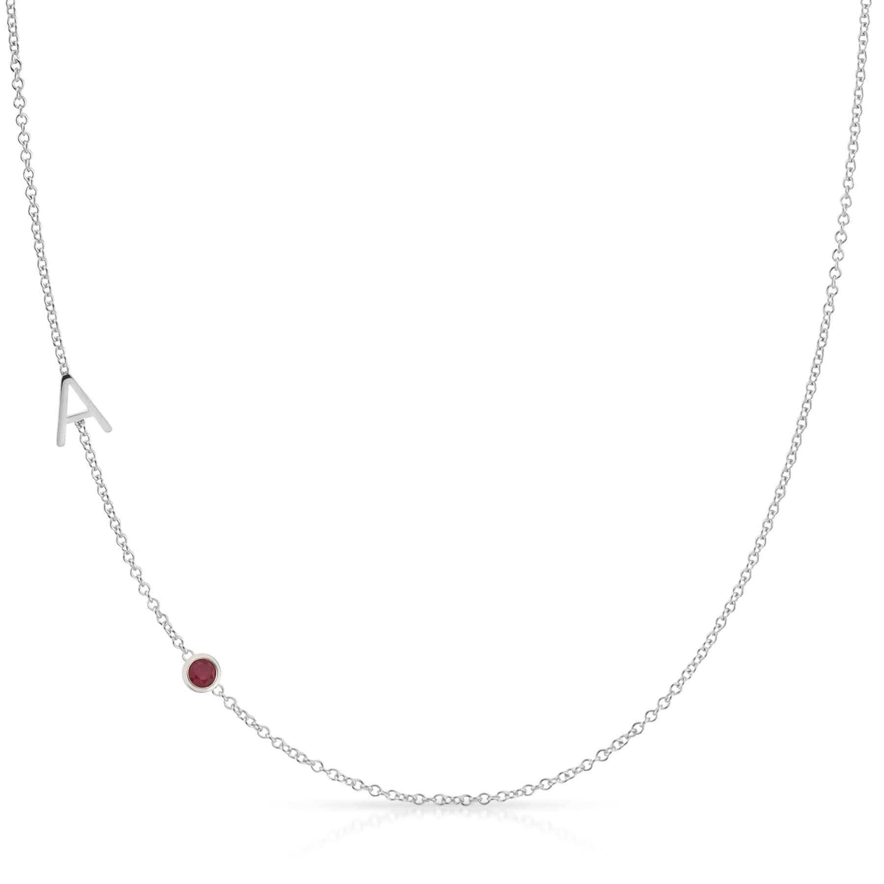Monogram Necklace with Ruby Birthstone Initial A in White Gold | Maya Brenner