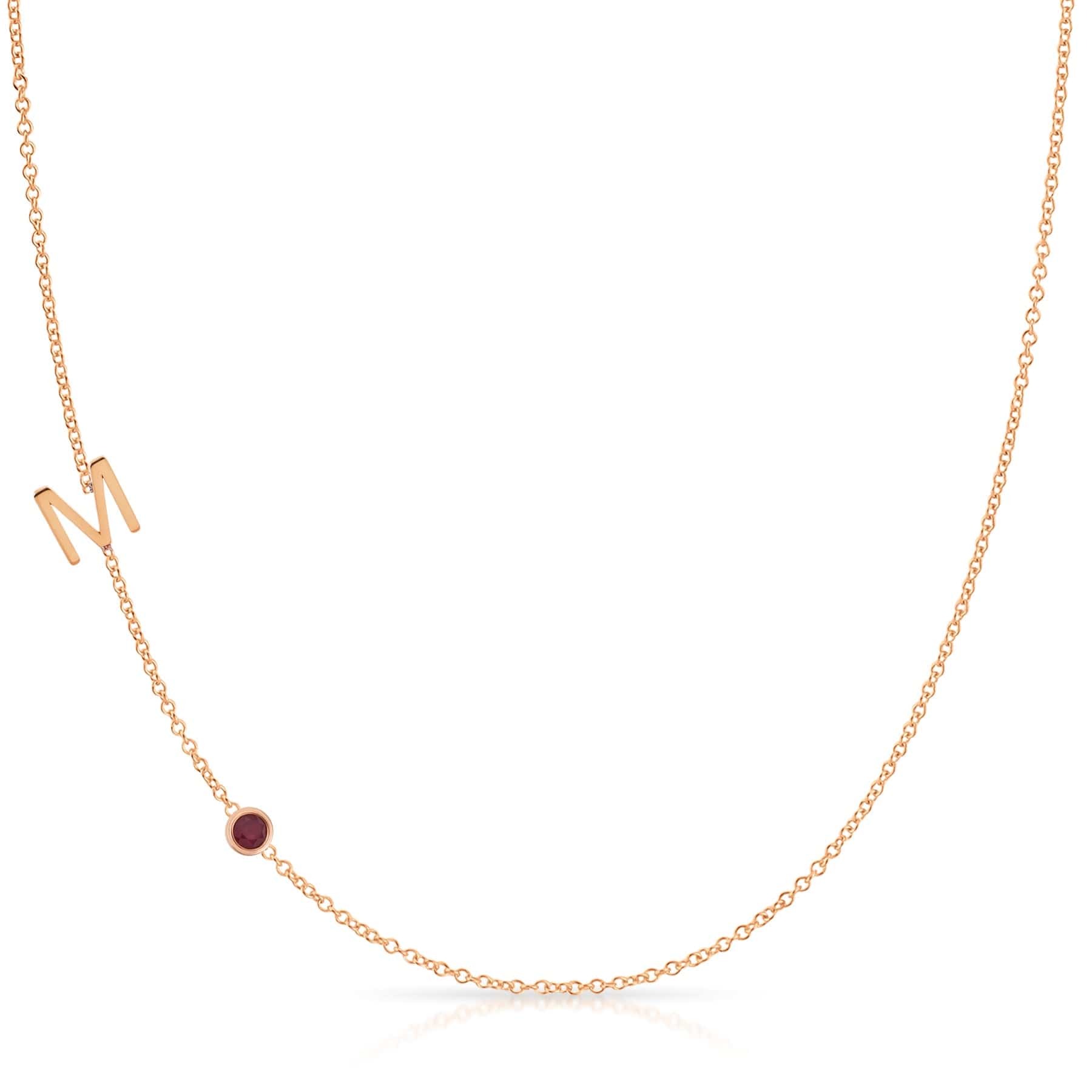 Monogram Necklace with Ruby Birthstone Initial M in Rose Gold | Maya Brenner
