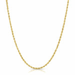 Gold rope chain necklace on a white background