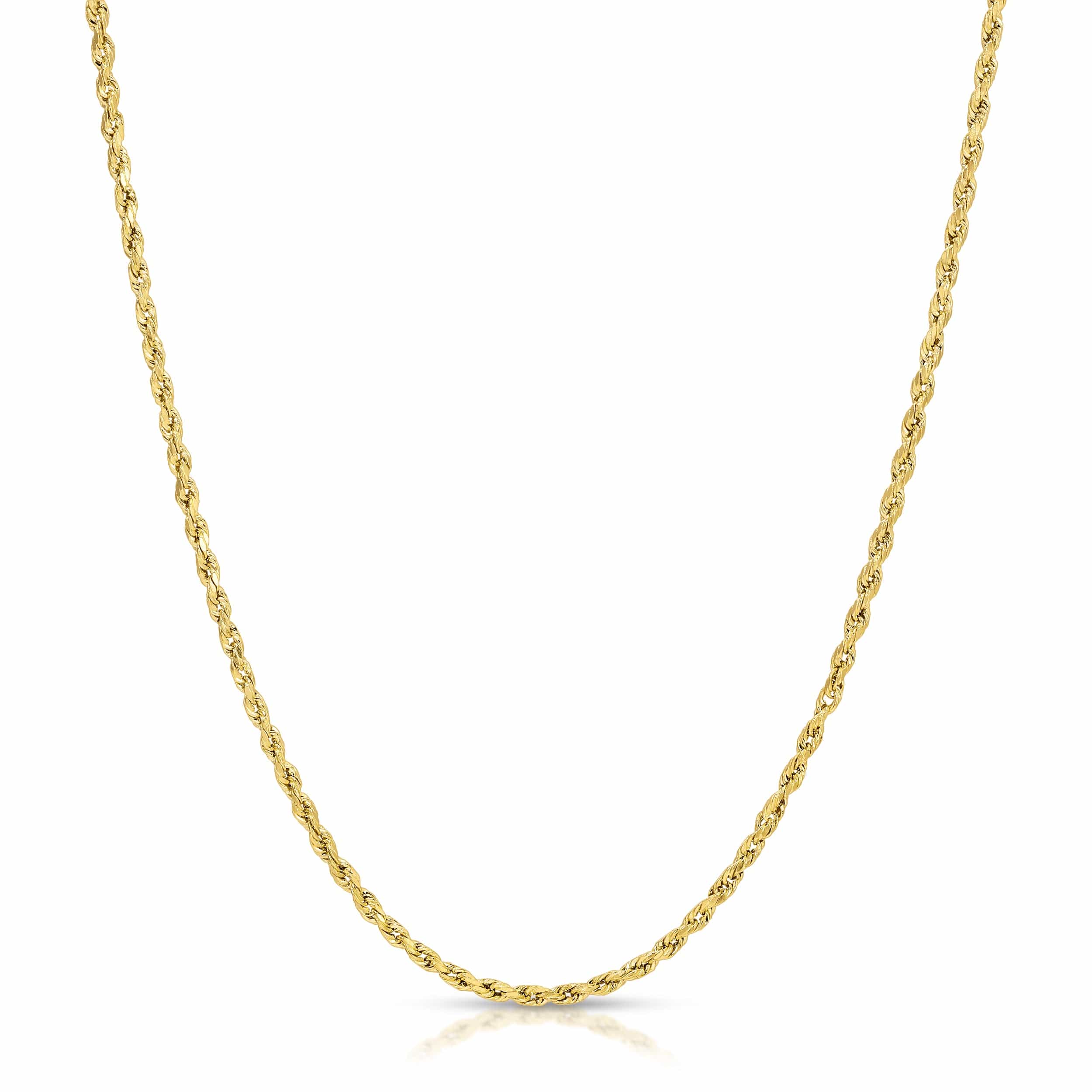 Gold rope chain necklace on a white background