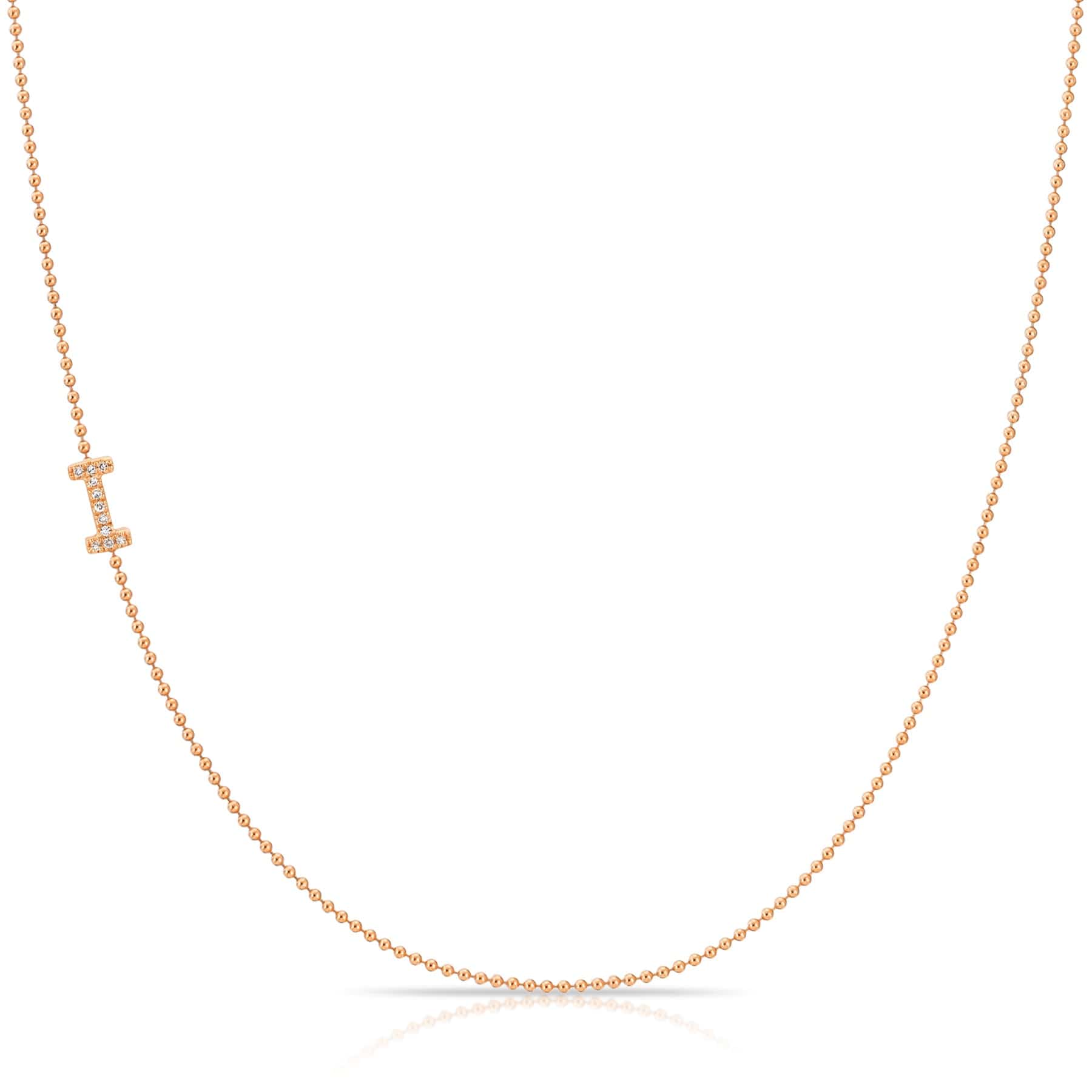 I Pavé Diamond Initial Necklace in 14K Rose Gold on Bead Chain – Maya Brenner