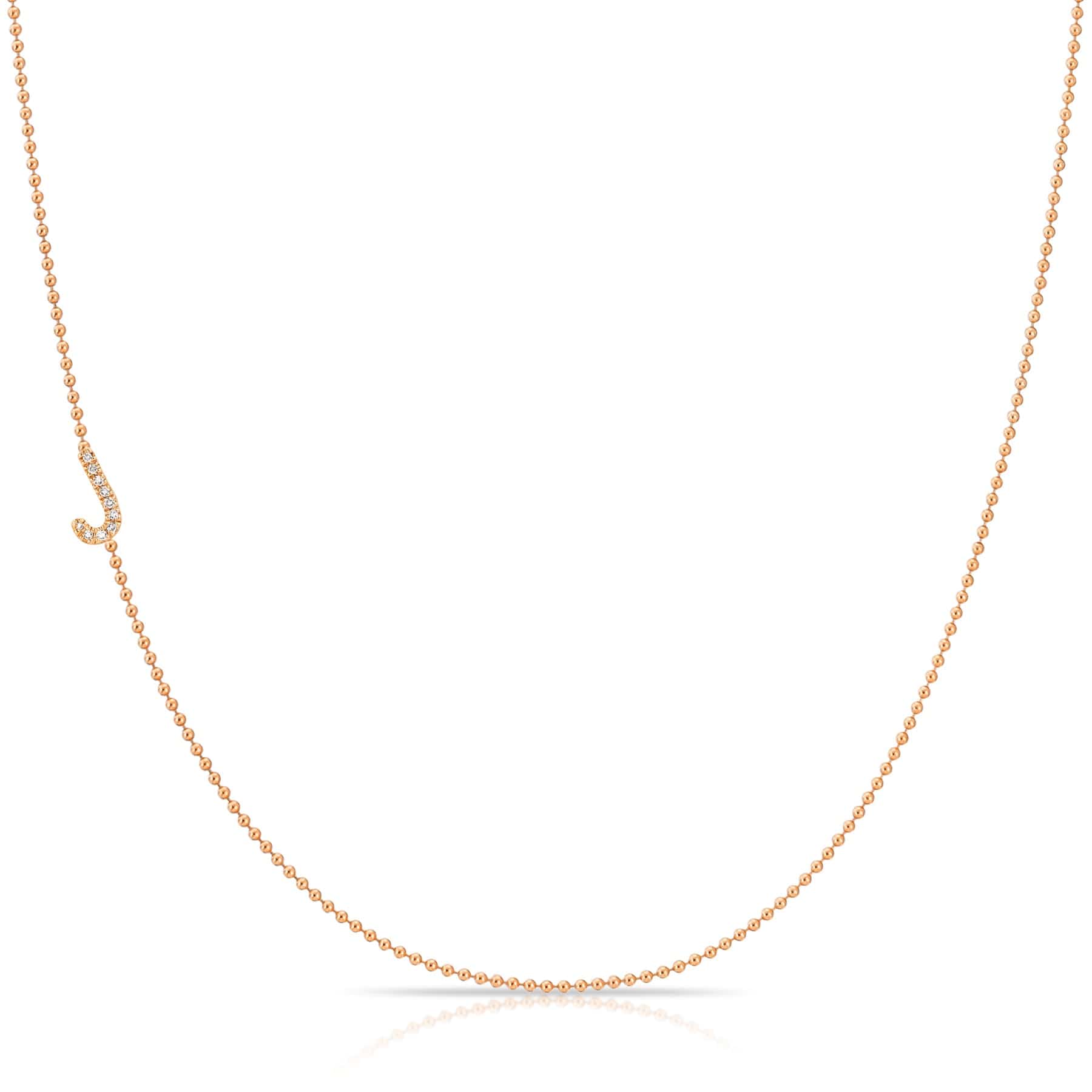 J Pavé Diamond Initial Necklace in 14K Rose Gold on Bead Chain – Maya Brenner