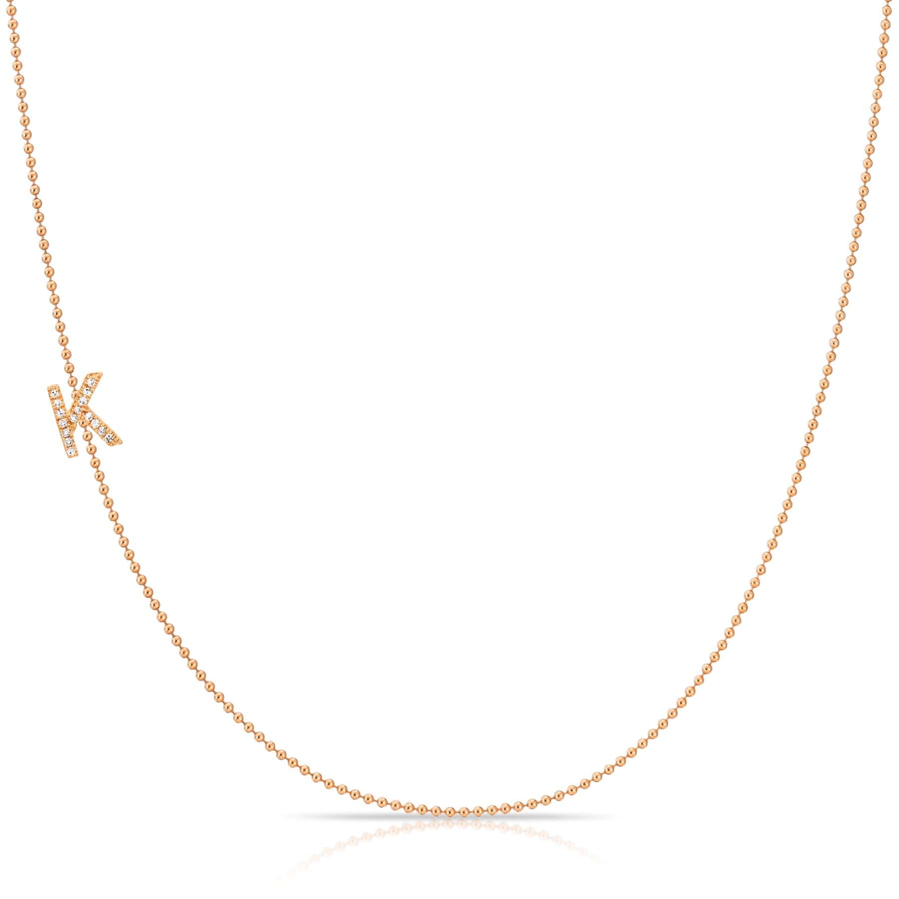 Pavé Diamond Initial Necklace by Maya Brenner – K in 14K Rose Gold on a Bead Chain
