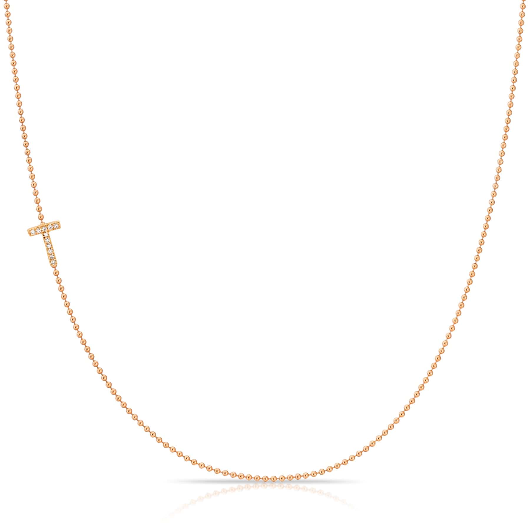 Maya Brenner Pavé Diamond Initial Necklace – T Charm in 14K Rose Gold, Bead Chain