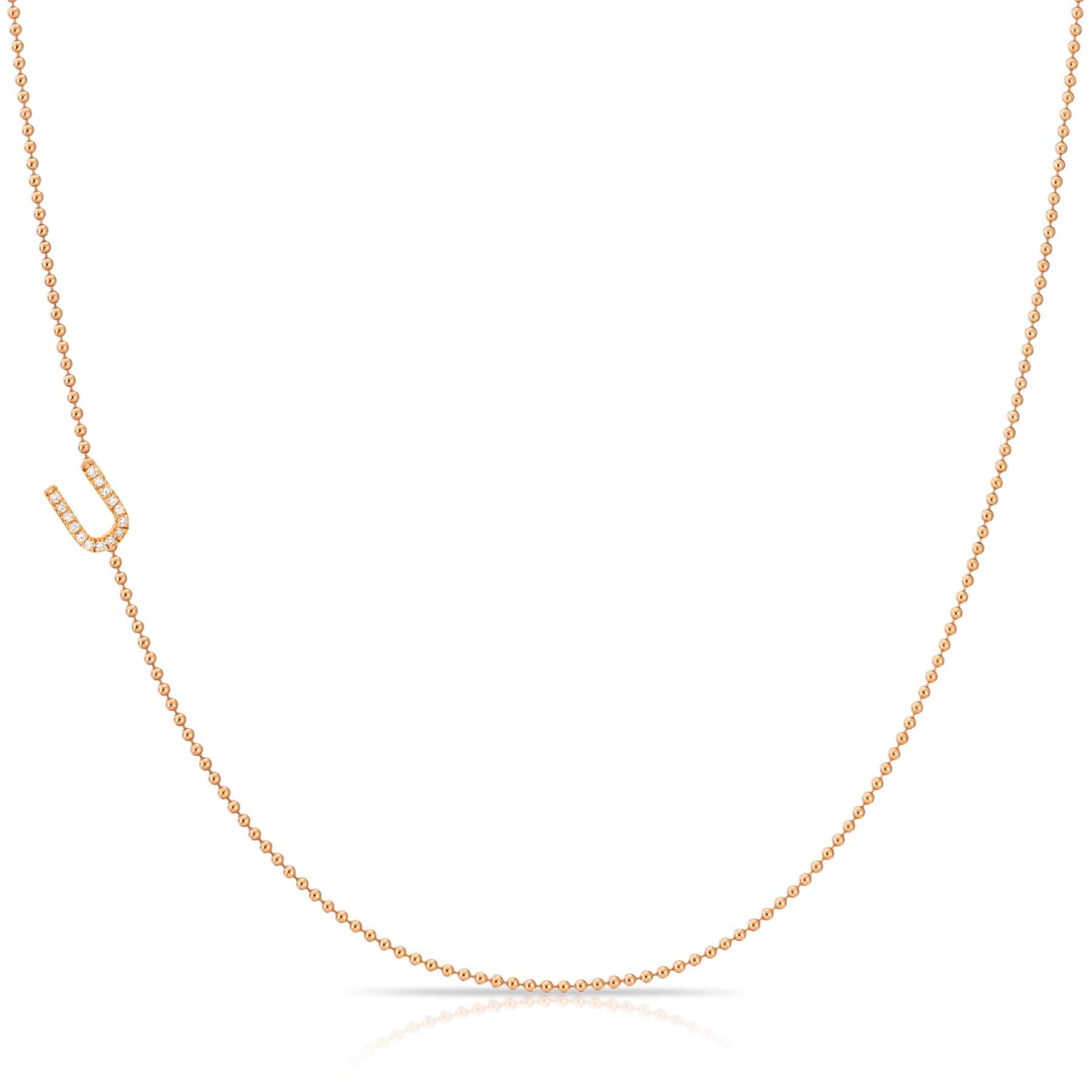 U Pavé Diamond Initial Necklace in 14K Rose Gold on Bead Chain – Maya Brenner