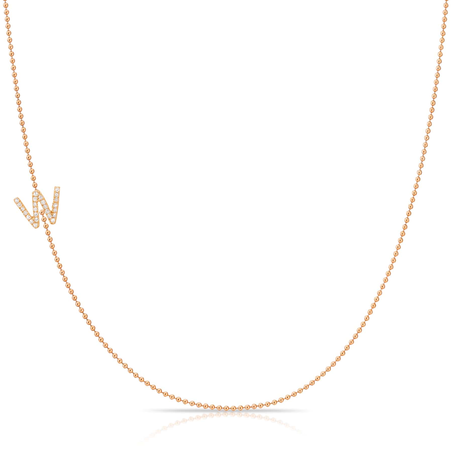 W Pavé Diamond Initial Necklace in 14K Rose Gold on Bead Chain – Maya Brenner