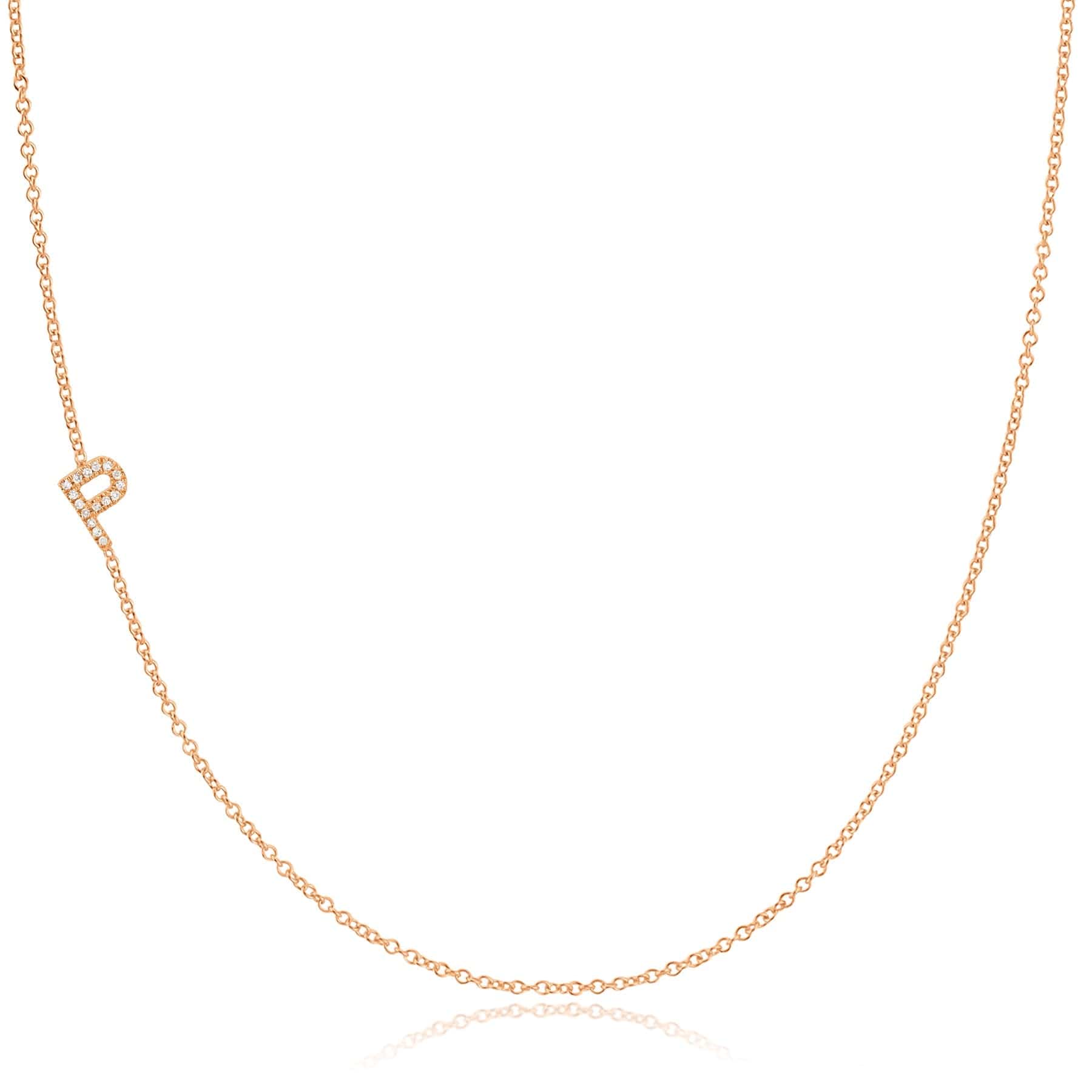 Maya Brenner Pavé Diamond Initial Necklace – P Charm in 14K Rose Gold, Cable Chain