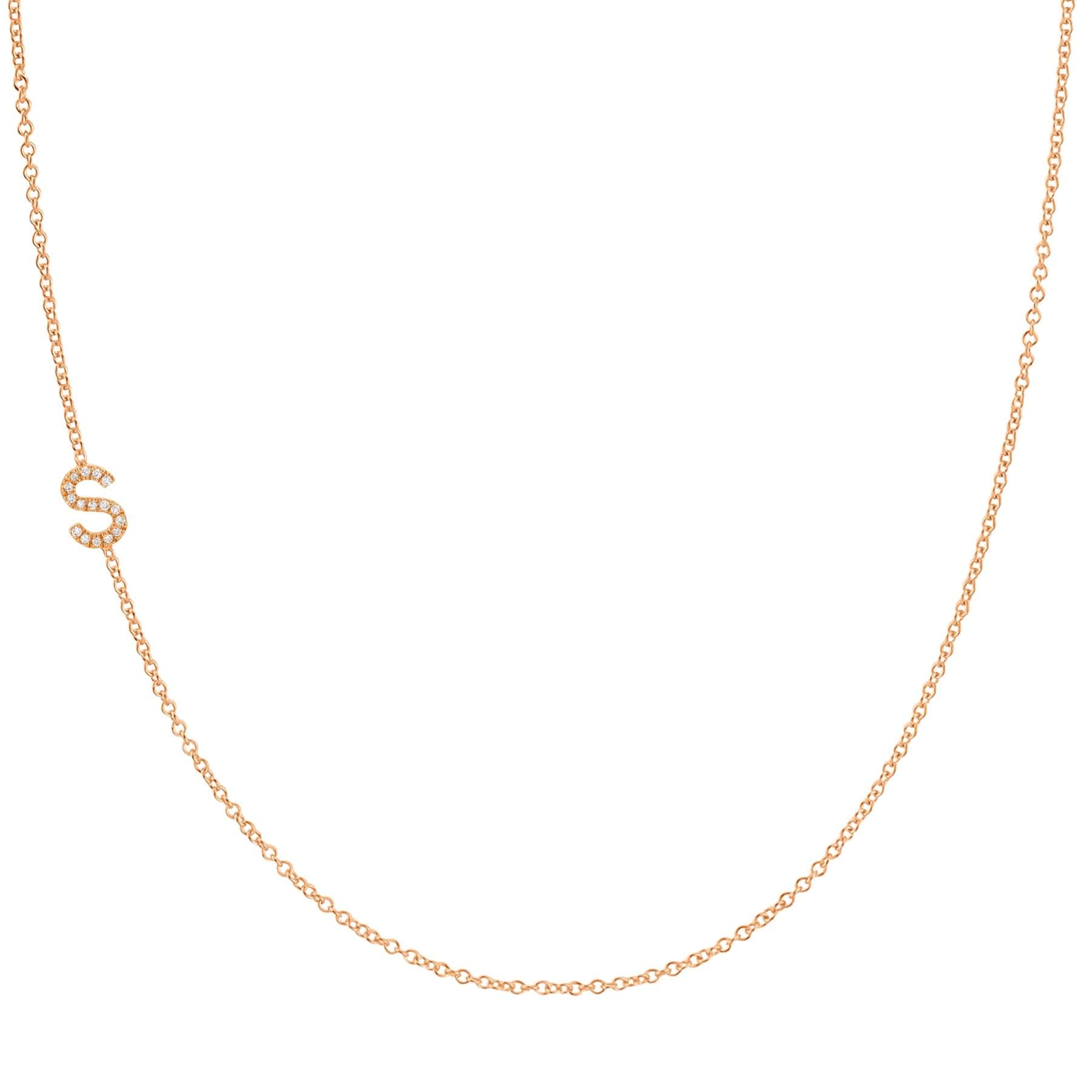 Maya Brenner Pavé Diamond Initial Necklace – S Charm in 14K Rose Gold, Cable Chain