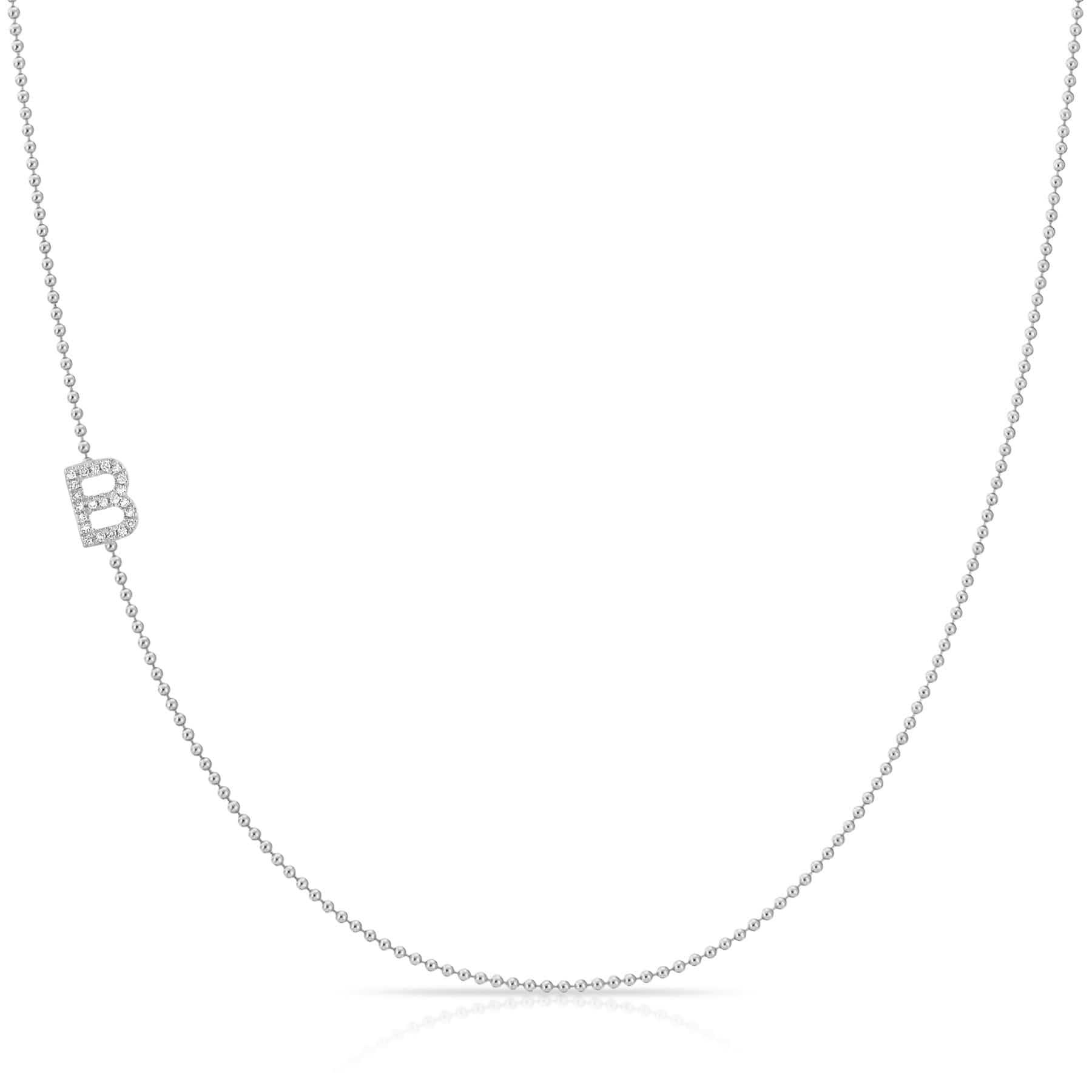 B Pavé Diamond Initial Necklace in 14K White Gold on Bead Chain – Maya Brenner