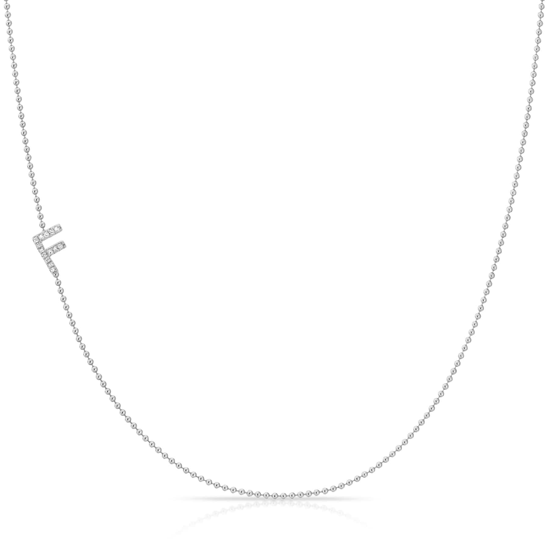 F Pavé Diamond Initial Necklace in 14K White Gold on Bead Chain – Maya Brenner