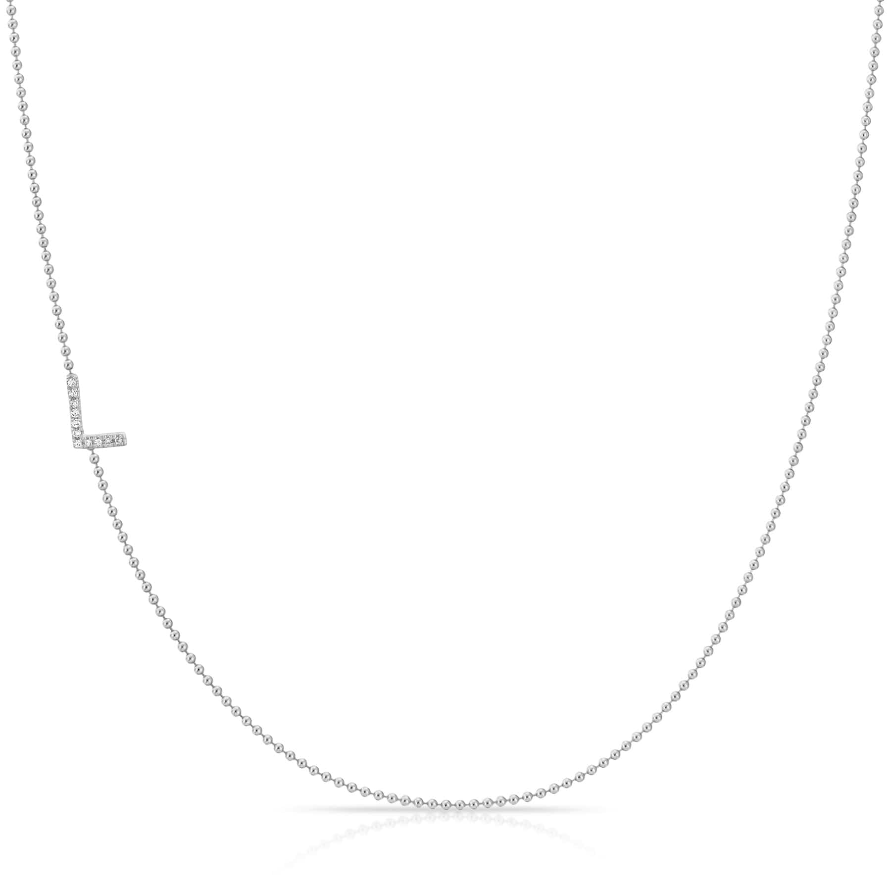 Pavé Diamond Initial Necklace by Maya Brenner – L in 14K White Gold on a Bead Chain