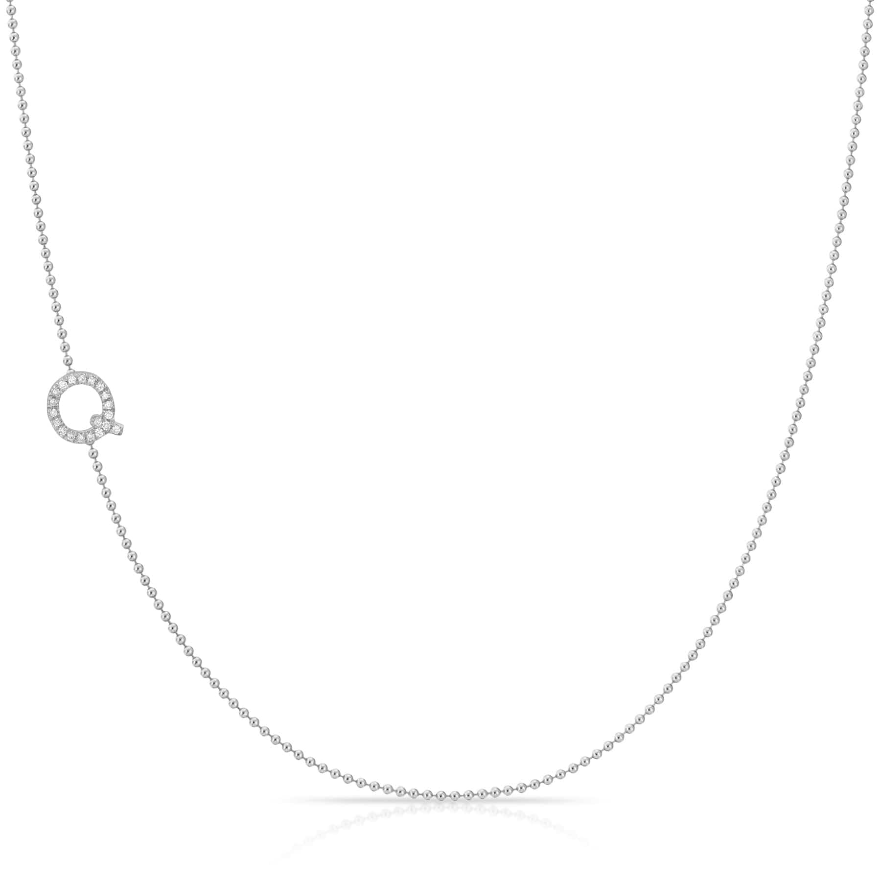 Pavé Diamond Initial Necklace by Maya Brenner – Q in 14K White Gold on a Bead Chain