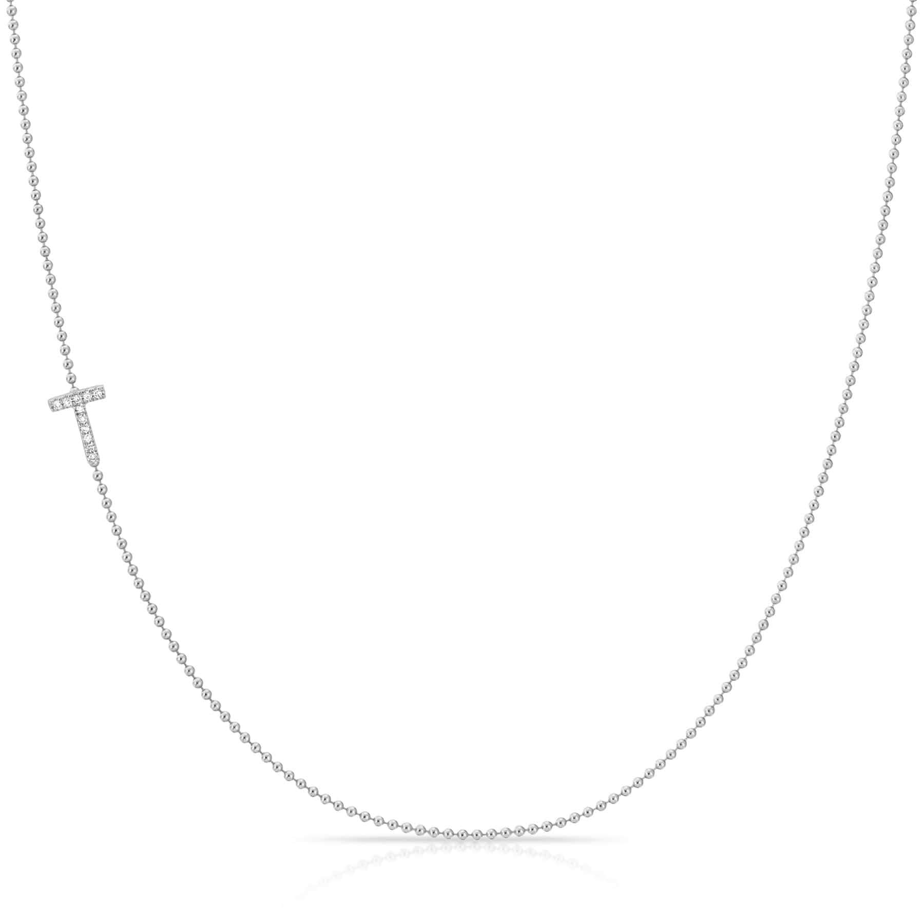 Pavé Diamond Initial Necklace by Maya Brenner – T in 14K White Gold on a Bead Chain