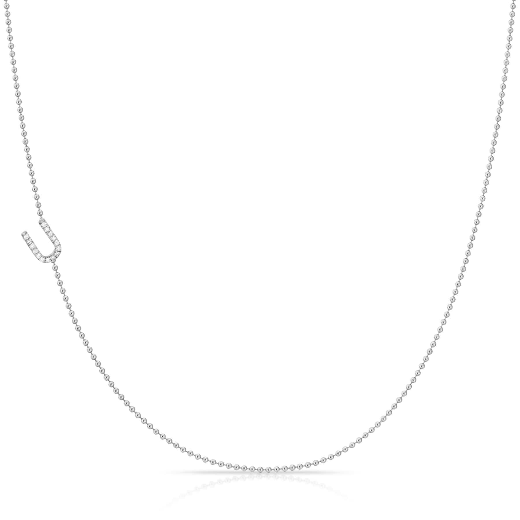 14K White Gold Pavé Diamond Initial Necklace, Letter U – Bead Chain | Maya Brenner