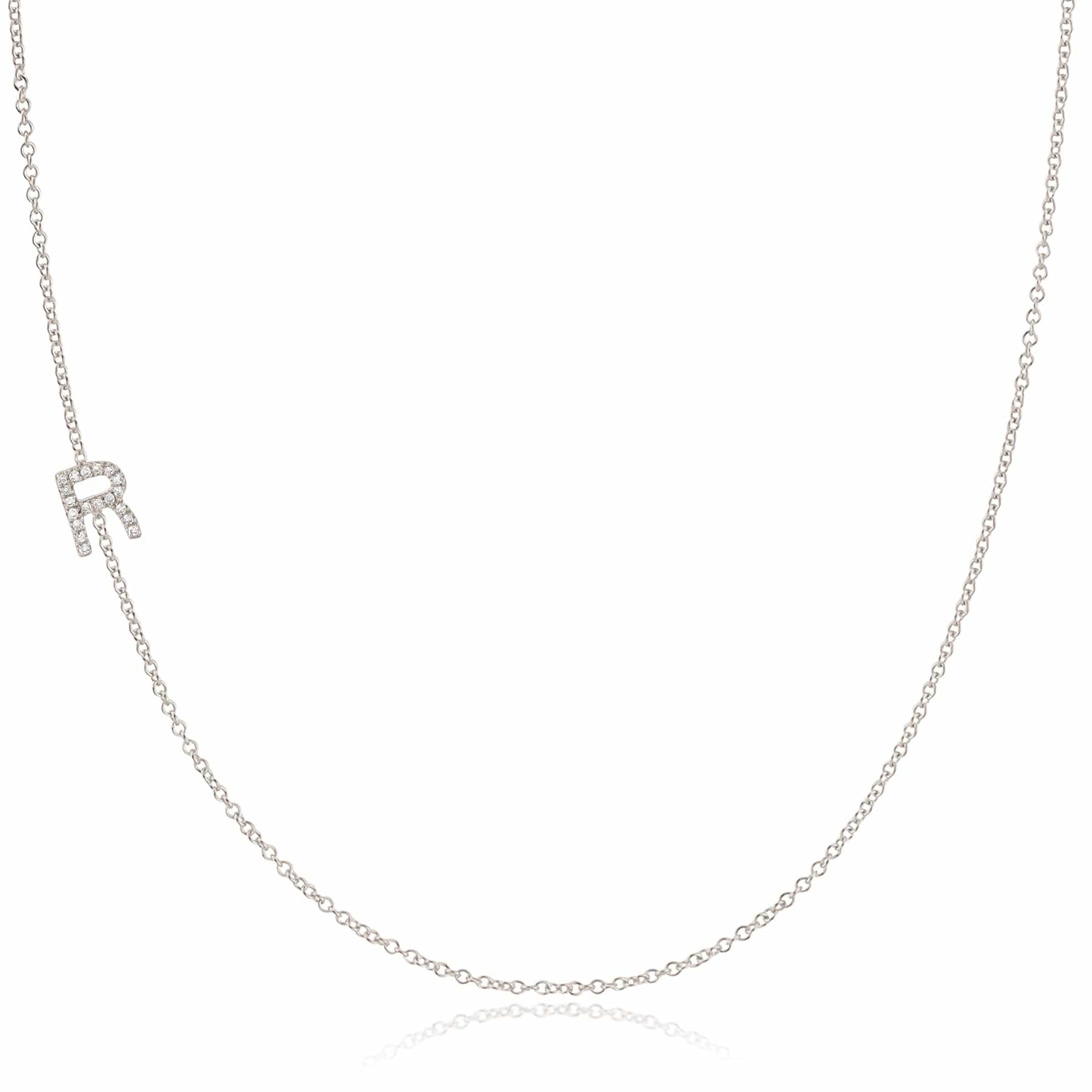Pavé Diamond Initial Necklace by Maya Brenner – R in 14K White Gold on a Cable Chain