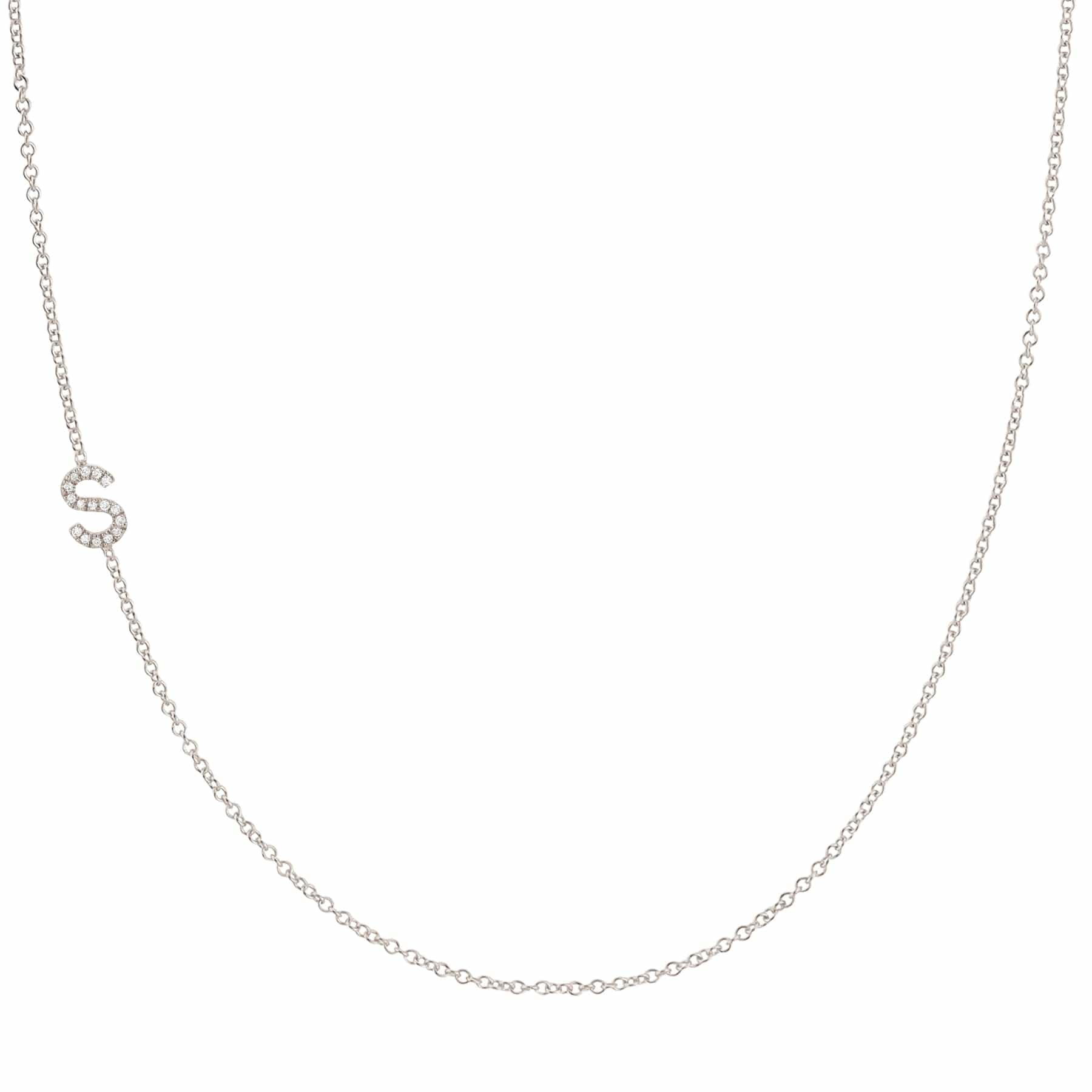 Maya Brenner Pavé Diamond Initial Necklace – S Charm in 14K White Gold, Cable Chain