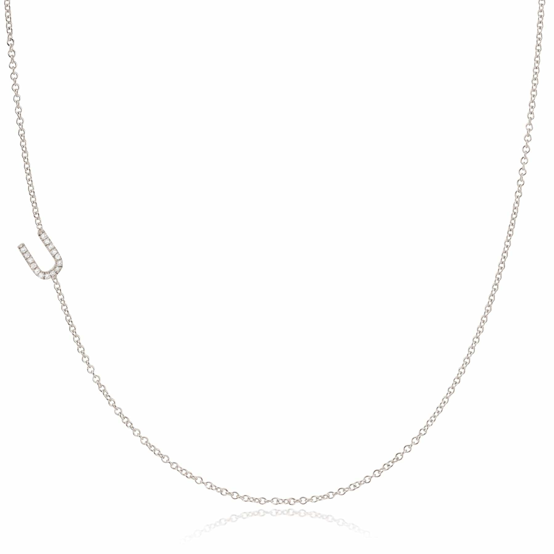 Maya Brenner Pavé Diamond Initial Necklace – U Charm in 14K White Gold, Cable Chain